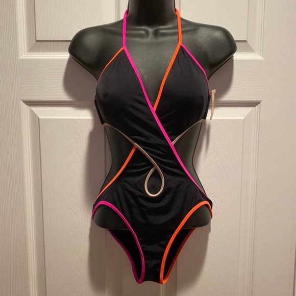 Victoria's Secret Other - Victoria's Secret Black Halter One-Piece with Pink and Orange Trim